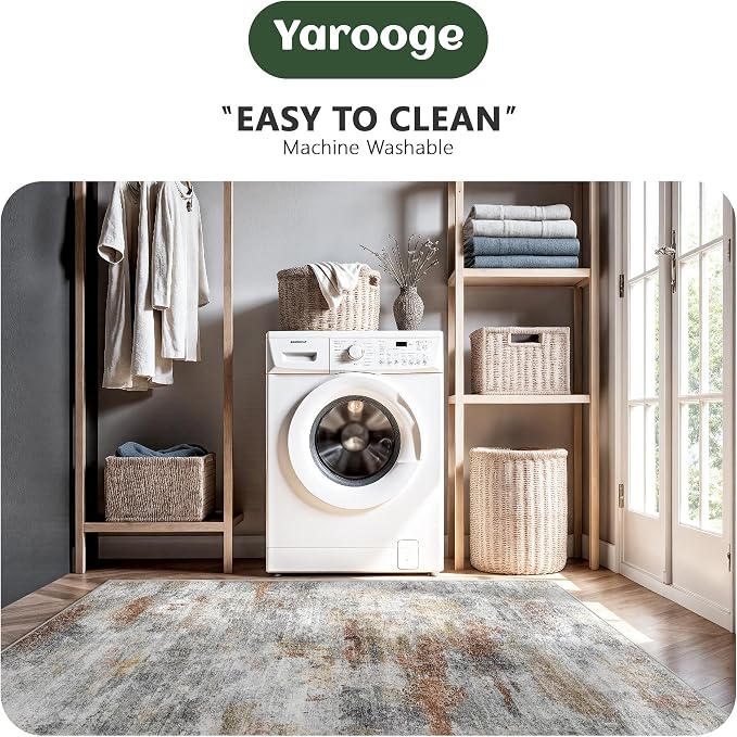 Washable Rug 6x9, Abstract Morden Soft Area Rug, Non-Slip Low Pile Rugs for Living Room, Bedroom, Dining Room, Home, Office(Grey & Brown)
