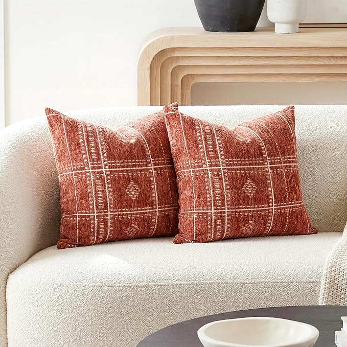 BlissBlush Decorative Throw Pillow Covers 20x20 Set of 2, Boho Textured Chenille Accent Throw Pillow Covers for Couch Sofa Bed Living Room Home Décor, Terracotta Rust Red (Cover Only)