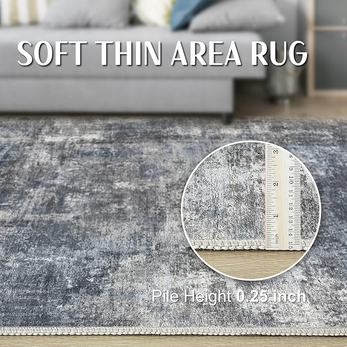 Abstract 10x14 Area Rug: Machine Washable Non Slip Ultra Thin Low-Pile Carpet, Soft Stain Resistant for Living Dining Room Bedroom, Kid Pet Friendly, Robot Vacuum Compatible - Dark Grey/Blue