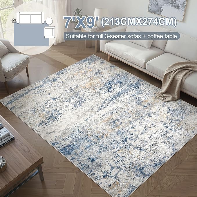 DMOYEST Area Rug Living Room Rugs - 7x9 Abstract Large Soft Indoor Washable Rug Neutral Modern Low Pile Carpet for Bedroom Dining Room Farmhouse Home Office - Blue