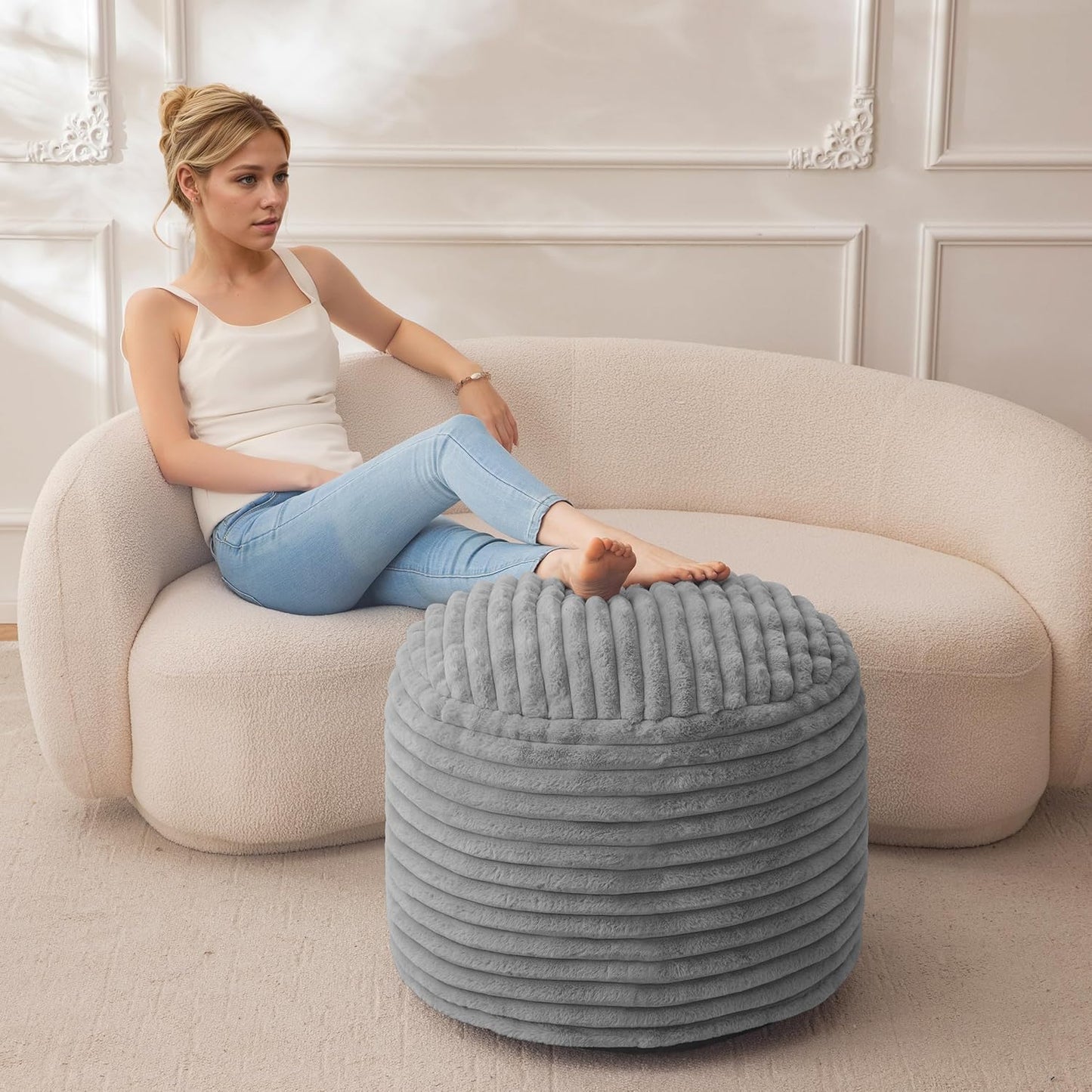 HIGOGOGO Round Stuffed Pouf Ottoman, Stripe Faux Fur Poufs with Foam Chunk Filling, Furry and Fluffy Pouf Foot Stool Storage Ottoman, 26 X 18 Floor Poufs Foot Rest for Living Room, Grey