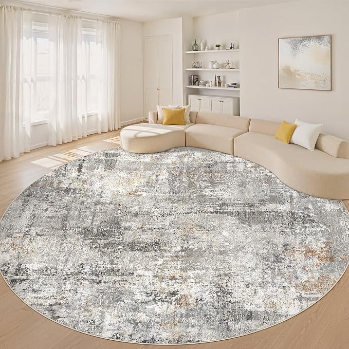 10ft Round Rug Living Room Rugs: 10x10 Washable Circle Large Abstract Modern Soft Stain Resistant Non-Slip Indoor Floor Carpet for Bedroom Nursery Office Dining Room Playroom Home House- Gray Rust
