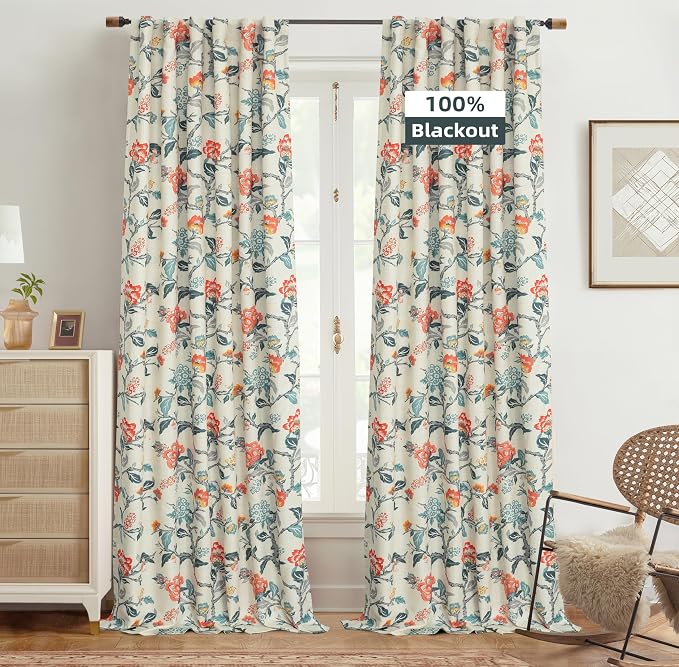 DriftAway Ada Floral Botanical Print Flower Leaf Lined Thermal Insulated Room Darkening Blackout Window Curtains 2 Layers Set of 2 Panels Each 52 Inch by 108 Inch Orange Teal Beige Linen