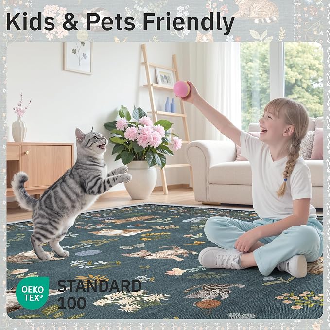 Soalmost Cat 5x7 Area Rugs for Living Room, Machine Washable Animal Floral Vintage Rug Non-Slip Low Pile Soft Throw Rugs for Kitchen Dining Room Bedroom Nursery Playroom (5 x 7,Navy Blue)