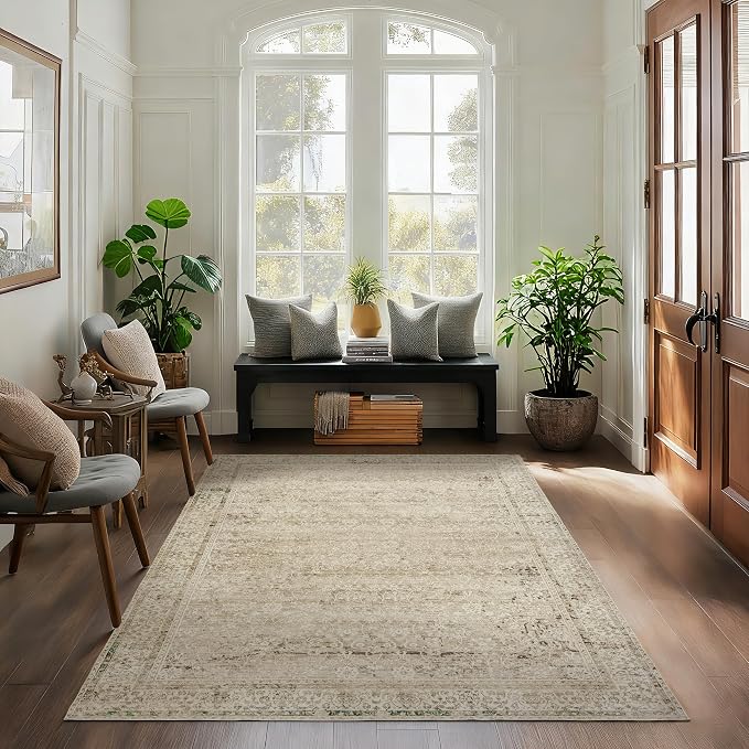 3x5 Small Entryway Area Rug Indoor for Front Door Entry Way,Washable Non Slip Ultra Thin Modern Farmhouse Neutral Boho Door Mat Entrance,Tan Brown and Cream Beige
