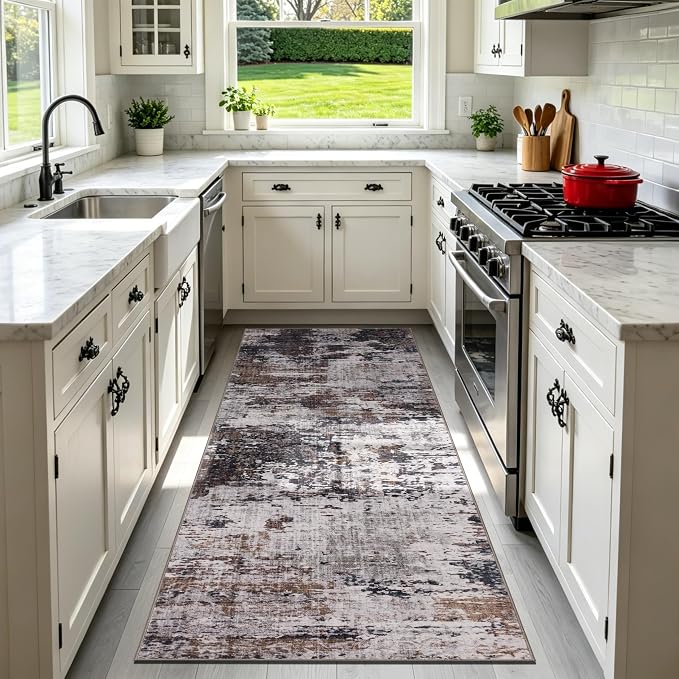 Sasttie 2x6 Soft Runner Rug for Entryway, Modern Abstract Washable Carpet for Hallway, Kitchen and Laundry Room, with Non-Slip Backing, Black and Brown
