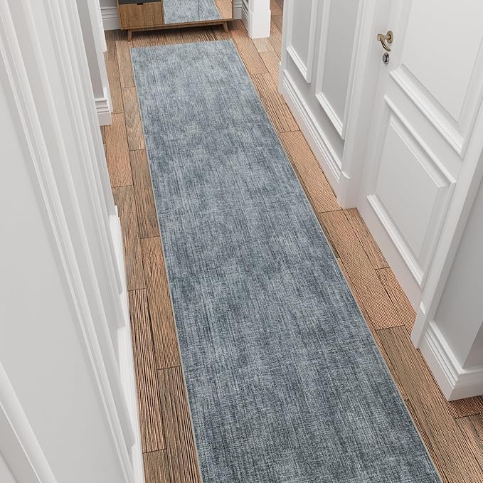 Ottomanson Aisle Runner Rug 1'10.5" x 28' – Soft Non-Slip Rug, Low Pile Carpet for Hallways, Events, Churches & Extra-Long Indoor Spaces, Solid Greyish Blue