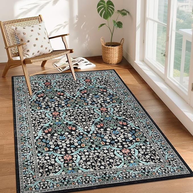 GarveeHome Floral 3x5 Area Rugs for Entryway, Washable Kitchen Rug Non Slip, Low Pile Bedroom Rug, Ultra Soft Stain Resistant Small Carpet for Laundry Room, Black