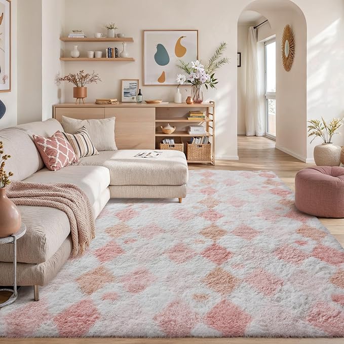 PureCozy Checkered Rug 8x10 Fluffy Shag Living Room Pink Area Rug Modern Washable Carpet Soft Shaggy Non Slip Indoor Plush Fuzzy Rugs for Bedroom Dorm Office Home Aesthetic Decor