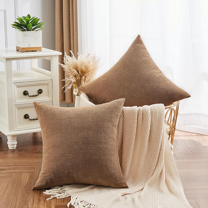 GAWAMAY Decorative Square 16x16 Inch Throw Pillow Covers Set of 2, Super Soft Chenille Pillows Farmhouse Fall Pillowcase for Living Room Bedroom Sofa Couch Cushion Cover Brown 40x40cm (No Inserts)