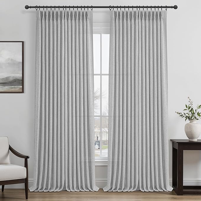 Light Gray Semi Sheer Viral 90 Inch Long Curtains for Bedroom, Memory Trained Pinch Pleated Privacy Light Filtering Sliding Glass Door Curtain 7-1/2 FT Length Grey Natural Linen Drapes 2 Panels Set