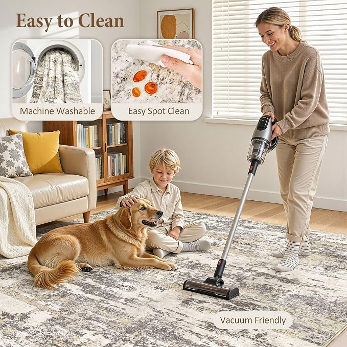 Area Rugs for Living Room: 12x12 Abstract Washable Rug Modern Neutral Large Soft Stain Resistant Non-Slip Backing Machine Table for Bedroom Dining Room Indoor Home Office Carpet - Gold Brown