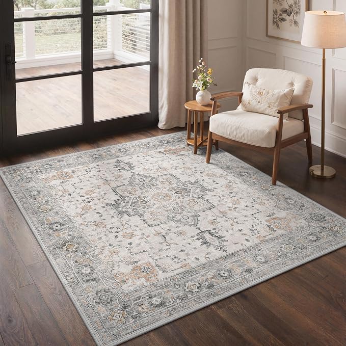 GENIMO 8x8 Area Rugs for Living Room, Machine Washable Rug, Non Slip Indoor Vintage Rug, Low Pile Lightweight Print Carpet for Bedroom Dining Room Home Office, Light Taupe Brown