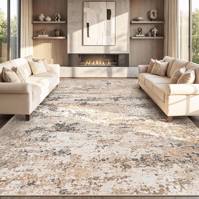 8x10 Area Rugs for Living Room: Washable Abstract Neutral Rug Large Modern Soft Non Slip Low Pile Rugs Floor Indoor Stain Resistant Carpet for Bedroom Dining Room Home Office (Light Brown, 8'x10')