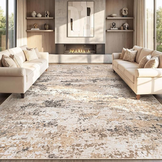 8x10 Area Rugs for Living Room: Washable Abstract Neutral Rug Large Modern Soft Non Slip Low Pile Rugs Floor Indoor Stain Resistant Carpet for Bedroom Dining Room Home Office (Light Brown, 8'x10')