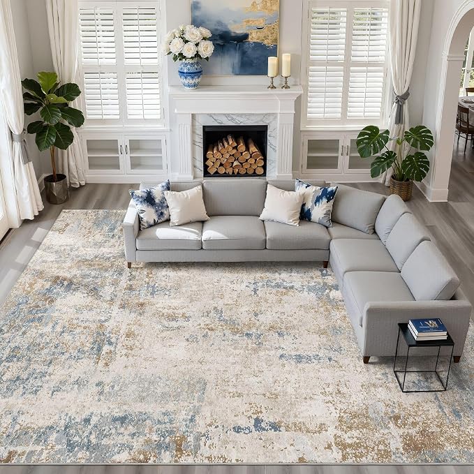 10x14 Area Rugs Living Room: Washable Large Neutral Rug Abstract Soft Modern Stain Resistant Indoor Floor Non-Slip Carpet for Bedroom Nursery Kids Office Playroom Dining Room Under Table- Blue Brown