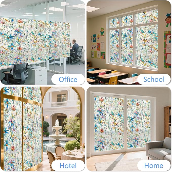 FINNEZ Window Privacy Film Stain Glass Film Flowers Rainbow Window Film Window Clings Non-Adhesive Reusable Decorative for Home（Blue Lotus，17.5 Inch x 13.1 Feet）