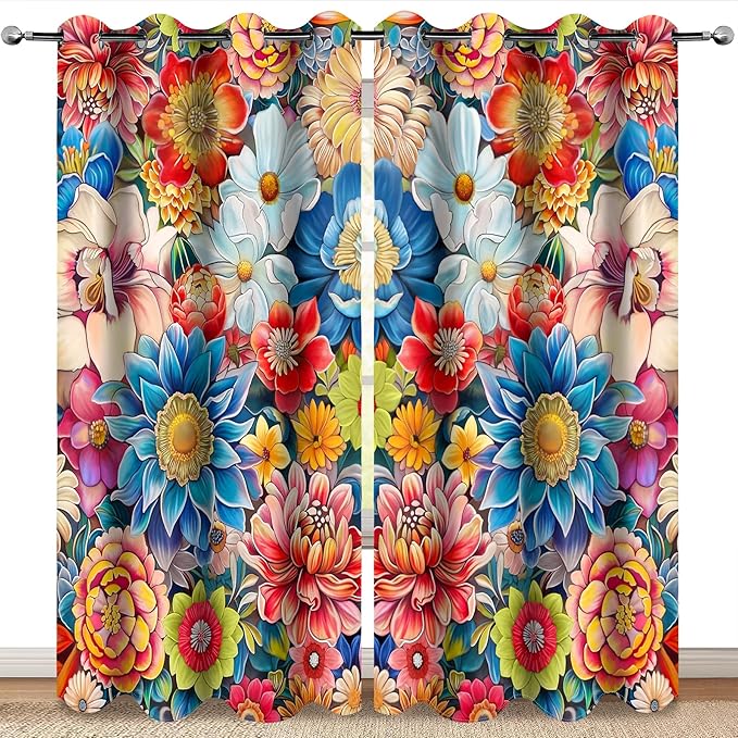 MissHope Boho Flower Floral Blackout Curtains Vintage Colorful Flowers Retro Elegant Decor for Mom Wife Women Girls Bedroom Living Room Darkening Grommet Window Drapes 2 Panel Set, 52x84 Inch