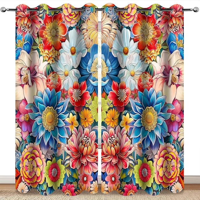 MissHope Boho Flower Floral Blackout Curtains Vintage Colorful Bohemian Decor for Women Girls Mom Wife Bedroom Study Classroom Living Room Darkening Grommet Window Drapes 2 Panel Set, 42x63 Inch