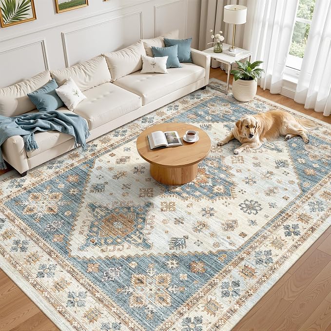 Roxstand 8x10 Washable Area Rugs for Living Room, Blue/Beige | Non-slip Backing, Low-Pile Carpet, Stain Resistant,Rugs for Living Room, Bedroom, Dining Room, Office