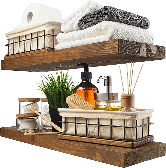 Solid Wood Floating Shelves for Wall 24 Inch Walnut, Wooden Bathroom Shelf | Real Wood, Wall Mounted, Rustic Farmhouse, Bedroom Kitchen Living Room, Walnut Finish, 24W x 6,7D, Set of 2