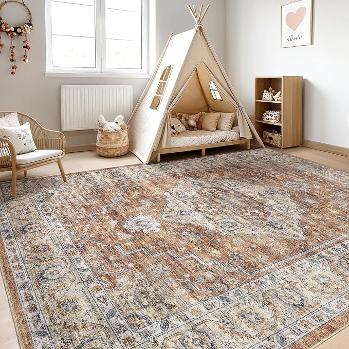 8x10 Area Rugs Living Room: Washable Boho Large Neutral Vintage Soft Rug Stain Resistant Farmhouse Non-Slip Indoor Floor Carpet for Bedroom Nursery Kids Playroom Office Dining Room- Terracotta