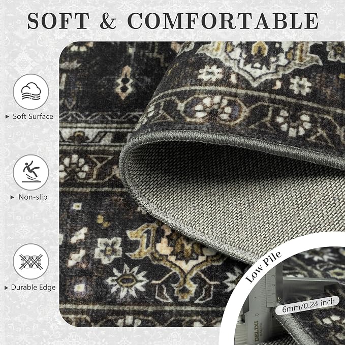 8x10 Area Rugs for Living Room - Washable Vintage Retro Large Rug, Soft Ultra Thin Non Slip Low Pile Traditional Distressed Boho Carpet for Bedroom Dining Room Home Office, Black Gold