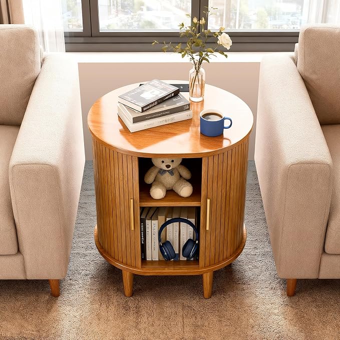 DHH Mid Century Modern Nightstand Set of 2 with Charging Station,Fluted Accent Side Table with Sliding Door & Adjustable Shelf,End Table for Small Space, Living Room, Bedroom,Sofa Couch,Yellow Walnut