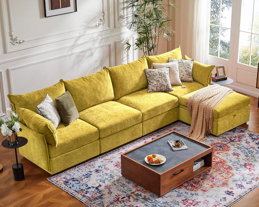134.6" Luxury Modular Sectional Convertible Sofa with Storage Ottoman, L-Shape 5-Seat Oversized Comfy Couch Deep Seat with Reversible Chaise - Chenille Yellow