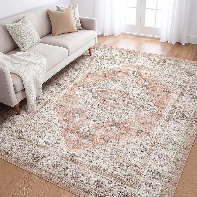 5x8 Area Rug Living Room: Washable Boho Large Neutral Vintage Soft Rug Stain Resistant Farmhouse Non-Slip Indoor Floor Retro Carpet for Bedroom Nursery Kids Office Dining Room- Pink Brown