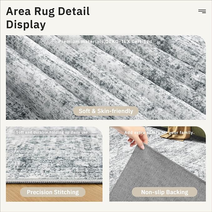 Soalmost 12x15 Washable Area Rug Gray Neutral Abstract Living Room Large Carpet Non Slip Bedroom Indoor Office Dining Room Low Pile Thin Grey Rug