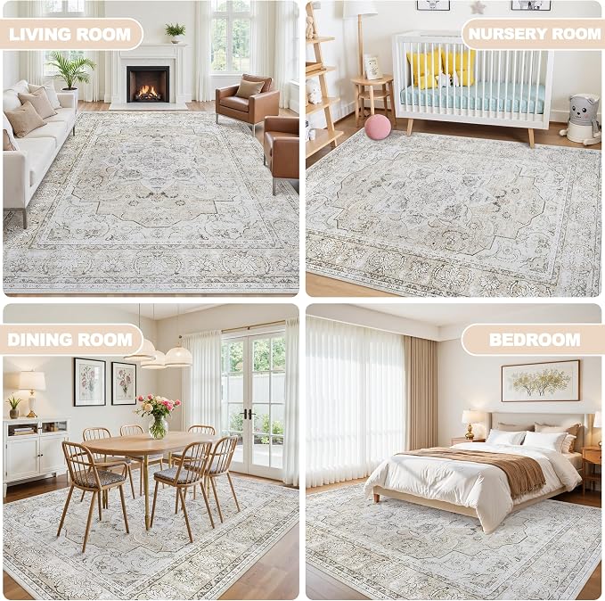 6x9 Area Rugs for Living Room:Beige Washable Vintage Medallion Carpet Non-Slip Soft Low Pile Large Rugs Indoor Retro Rug for Bedroom Nursery Dining Table Office Home(Beige White, 6'x9')
