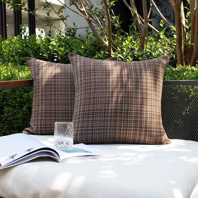 Kevin Textile Pack of 2 Decorative Outdoor Waterproof Throw Pillow Covers Lumbar Pillowcases Modern Cushion Cases for Patio Couch Bench 16 x 16 Inch Brown
