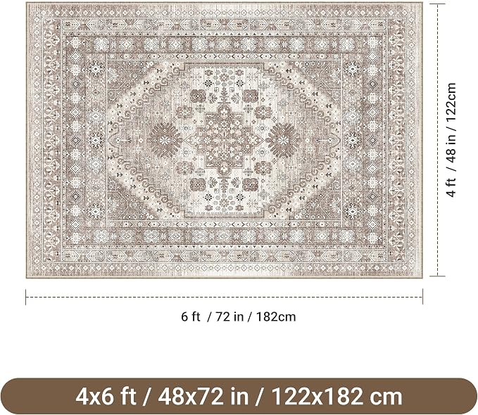 befbee 4x6 Rugs for Living Room Bedroom,Non-Slip Washable Rug,Stain Resistant Lightweight Area Rugs for Dining Room,Ultra-Thin Indoor Floor Carpet (Brown/Beige, 4'x6')