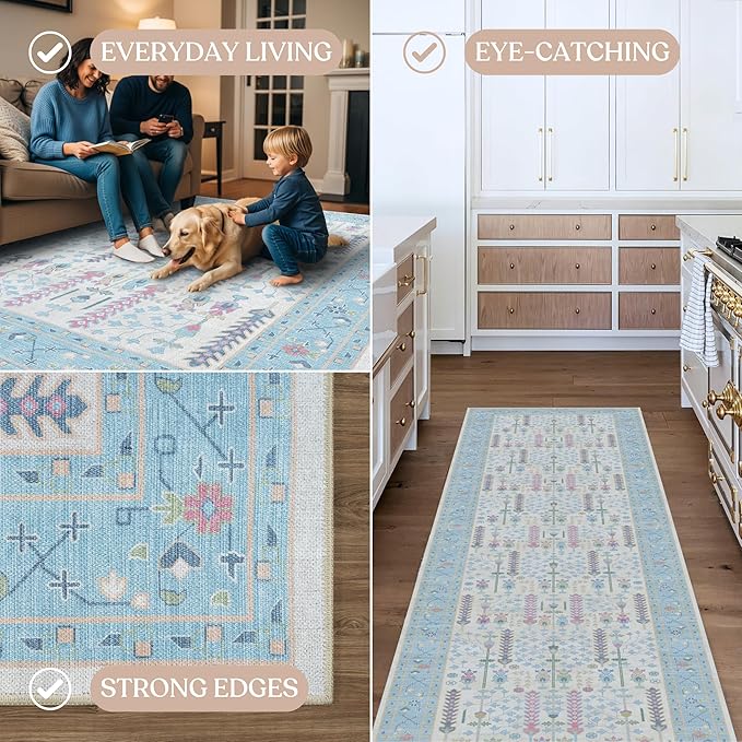 Fame Living Cream Blue Oushak Rug, Modern, Vintage, Turkish, Eclectic, Floral, Pastel, Washable, Area Rugs for Living Room, Dining, Bedroom, Office, Entryway, Foyer, Playroom, Nursery, 5'x6'9"