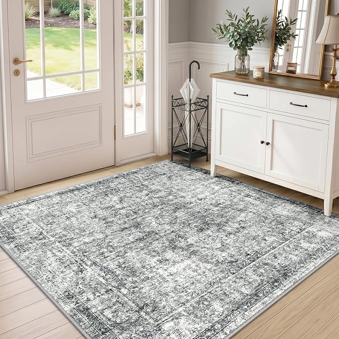 CAPALOCA Machine Washable Rugs Nursery Rug Sq5ft Cute Girl Non Slip Low Pile Water Repellent Soft Print Pattern for Bedroom Indoor Decor Kids Playroom Grey