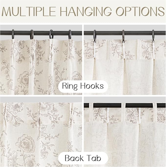 Pinch Pleat Floral Linen Curtains 120 inch Long Coffee and Cream Memory Trained Curtain Light Filtering Living Room Farmhouse Flower Pattern Printed Pleated Drapes with Hooks 2 Panels 40“W x 120"L
