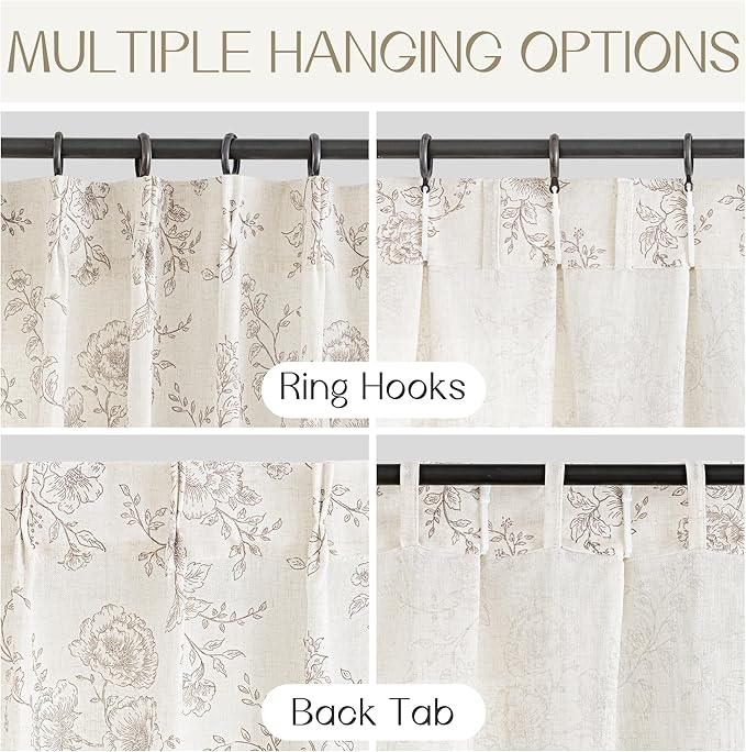 Pinch Pleat Floral Linen Curtains 102 inch Long Coffee and Cream Memory Trained Curtain Light Filtering Living Room Farmhouse Flower Pattern Printed Pleated Drapes with Hooks 2 Panels 40“W x 102"L