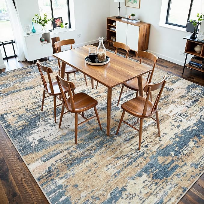 Area Rugs 8x10 Living Room: Large Soft Washable Rug Modern Abstract Anti-Skid Non-Shedding Carpet Indoor Floor Thin Carpets for Bedroom Dining Room Farmhouse Nursery Home Office Brown Blue