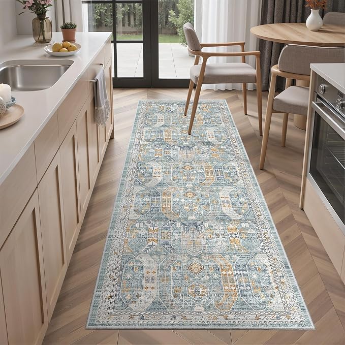 Madane Washable Runner Rug 2x6 Runners for Hallways Non Slip, Blue/Gold | Vintage Stain-Resistant 6 Feet Kitchen Rug, Soft Low-Pile Ultra-Thin Floor Carpet Mat for Bathroom Laundry Room Bedroom 2x6ft