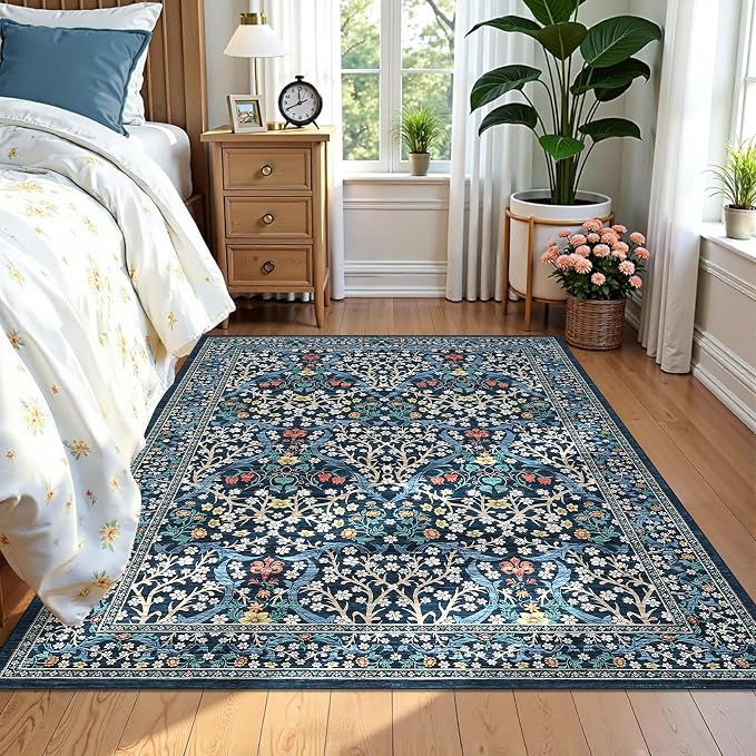 GarveeHome Floral 3x5 Area Rugs for Entryway, Washable Kitchen Rug Non Slip, Low Pile Bedroom Rug, Ultra Soft Stain Resistant Small Carpet for Laundry Room, Dark Blue