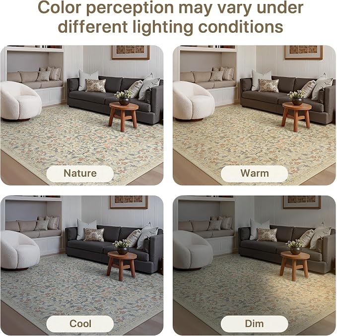 GENIMO 5x7 Washable Area Rugs for Living Room, Non Slip, Beige Blue | Vintage Boho Floral Low Pile Thin Carpet for Bedroom, Dining Room, Nursery, Indoor Decor