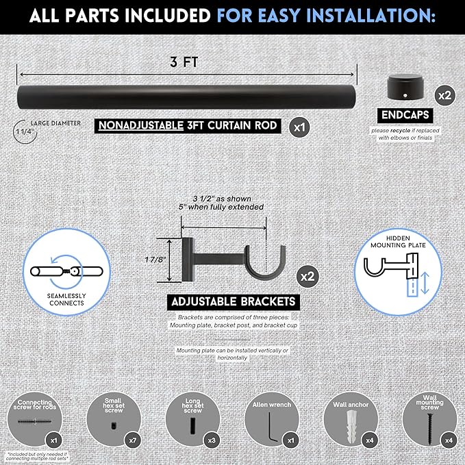 BlastHome® Non-Adjustable Luxury Curtain Rods for Windows, 1 ¼” Rod Set, 3 foot Fixed Length, Brushed Dark Brown