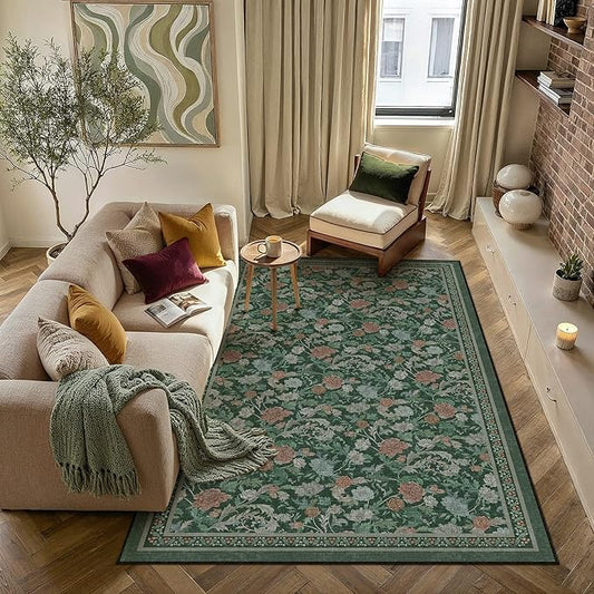 HUGEAR Retro Area Rugs 5x7 Washable Living Room Bedroom Rugs Vintage Floral Throw Carpet Green Stain Resistant Non Slip Low Pile for Home Aesthetic Modern Decor