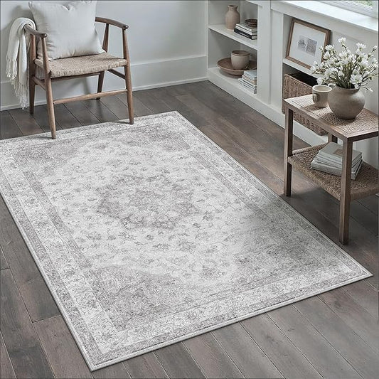 PureCozy Grey Gray Area Rug 3x5 Washable Vintage Carpet for Entryway Office Soft Retro Kitchen Low Pile Thin Door Mat Non Slip Oriental Medallion Throw Rug for Bathroom Bedroom Dining Living Room