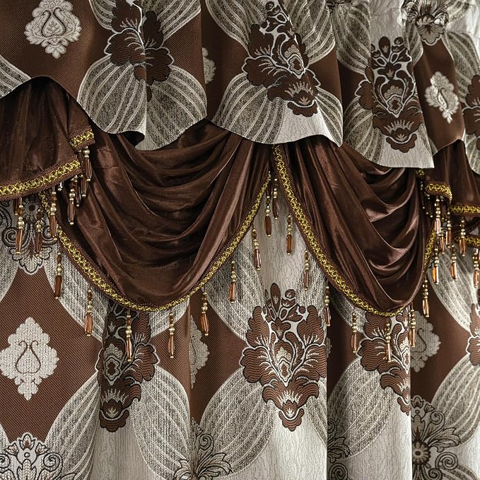 Petrichor Elegant Curtains with Gold Silver Threads 2 Panels Set - Luxury Window Treatment Attached Valance, Sheer Backing, and 2 Tie Backs for Bedroom and Living Room, 54x84 inches,Coffee
