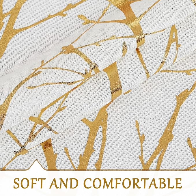 FMFUNCTEX Linen Semi Sheer Curtains, Gold Foil Metallic Print White Tree Panel for Bedroom & Living Room, Light Filtering 54 Inch Grommet Top 2 Panels