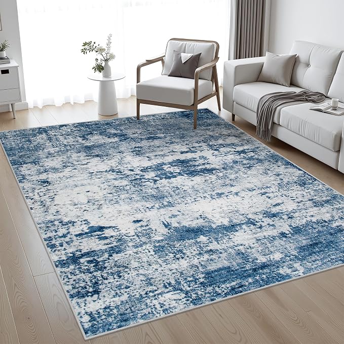 5x8 Area Rug Living Room Rug: Washable Modern Abstract Soft Thin Rug Indoor Floor No Slip Stain Resistant Carpet for Bedroom Dining Room Farmhouse Nursery Home Office - Blue
