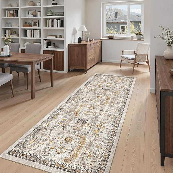 Madane Hallway Runner 3x8, Kitchen Rugs Washable Entry Rug, Brown/Gold | Vintage Non Slip Entryway Indoor Area Rugs, Soft Low-Pile Farmhouse Wide Carpet Runners for Bathroom Living Room Bedroom