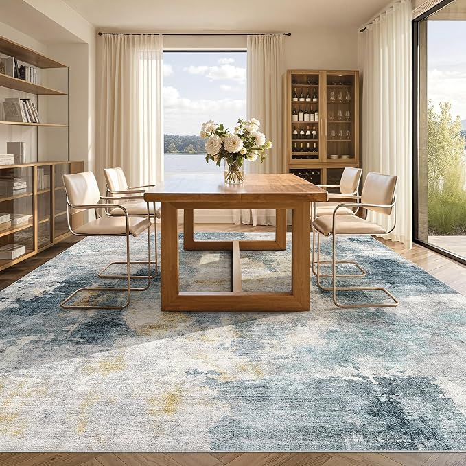 Tortania Washable 10x12 Area Rug for Living Room: Modern Abstract Neutral Large Soft Thin Rugs - Non Slip Indoor Carpet for Bedroom Dining Room Office Nursery Home Floor Decoration - Blue